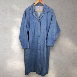 VTG Denim Trench Long‎ Coat Duster Jean Jacket Sz M Western Southwestern